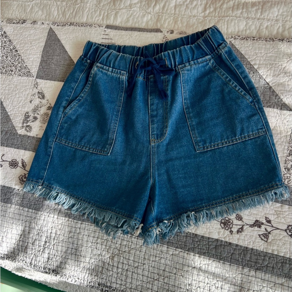 Denim Shorts Boutique Cut Off Style Elastic Waist With Pockets Size L